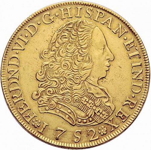 8 Escudos Obverse Image minted in SPAIN in 1752J (1746-59  -  FERNANDO VI)  - The Coin Database