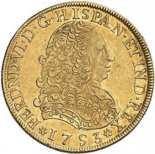 8 Escudos Obverse Image minted in SPAIN in 1753J (1746-59  -  FERNANDO VI)  - The Coin Database