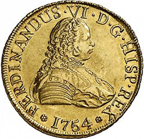 8 Escudos Obverse Image minted in SPAIN in 1754J (1746-59  -  FERNANDO VI)  - The Coin Database