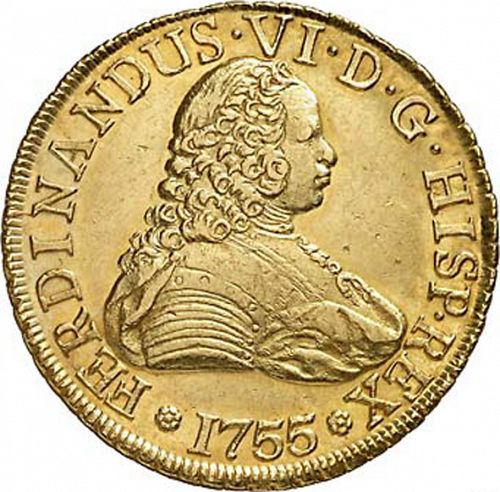 8 Escudos Obverse Image minted in SPAIN in 1755J (1746-59  -  FERNANDO VI)  - The Coin Database