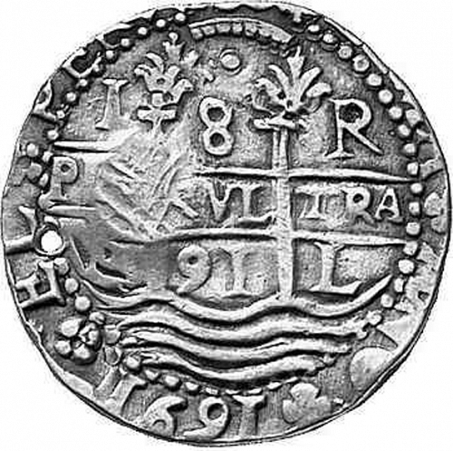 8 Reales Obverse Image minted in SPAIN in 1691R (1665-00  -  CARLOS II)  - The Coin Database