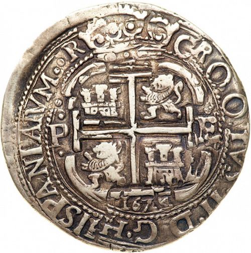 8 Reales Reverse Image minted in SPAIN in 1674E (1665-00  -  CARLOS II)  - The Coin Database