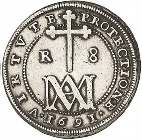 8 Reales Reverse Image minted in SPAIN in 1691BR (1665-00  -  CARLOS II)  - The Coin Database