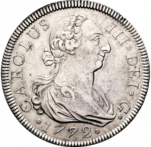 8 Reales Obverse Image minted in SPAIN in 1772CF (1759-88  -  CARLOS III)  - The Coin Database