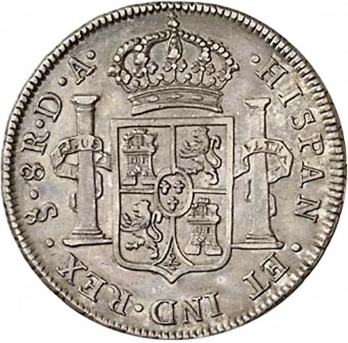 8 Reales Reverse Image minted in SPAIN in 1789DA (1759-88  -  CARLOS III)  - The Coin Database