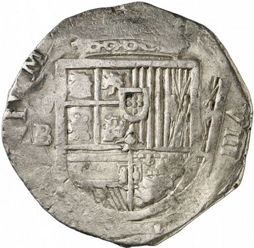 8 Reales Obverse Image minted in SPAIN in 1597B (1556-98  -  FELIPE II)  - The Coin Database