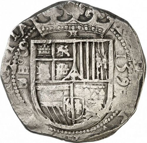 8 Reales Obverse Image minted in SPAIN in 1597B (1556-98  -  FELIPE II)  - The Coin Database