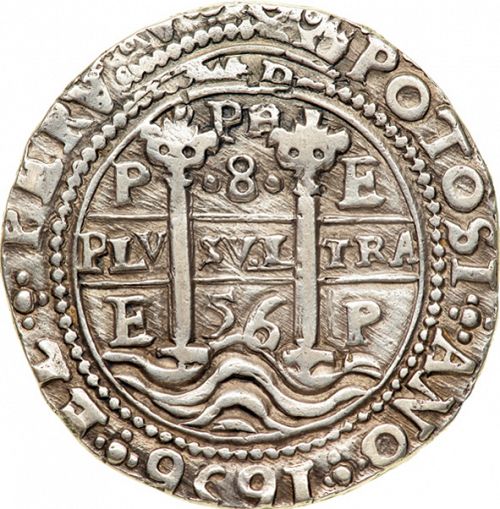8 Reales Obverse Image minted in SPAIN in 1656E (1621-65  -  FELIPE IV)  - The Coin Database