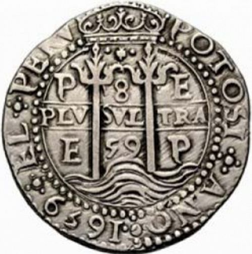 8 Reales Obverse Image minted in SPAIN in 1659E (1621-65  -  FELIPE IV)  - The Coin Database