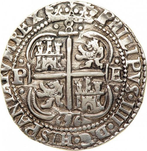 8 Reales Reverse Image minted in SPAIN in 1656E (1621-65  -  FELIPE IV)  - The Coin Database