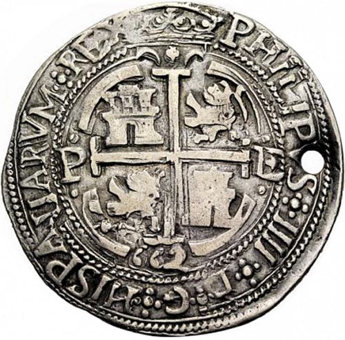 8 Reales Reverse Image minted in SPAIN in 1662E (1621-65  -  FELIPE IV)  - The Coin Database