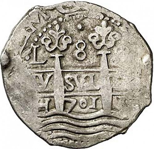 8 Reales Obverse Image minted in SPAIN in 1701H (1700-46  -  FELIPE V)  - The Coin Database