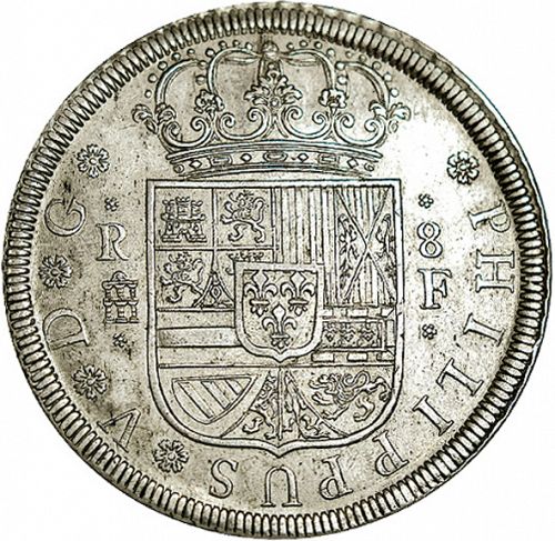 8 Reales Obverse Image minted in SPAIN in 1729F (1700-46  -  FELIPE V)  - The Coin Database