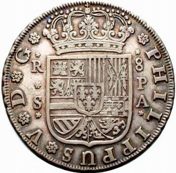 8 Reales Obverse Image minted in SPAIN in 1733PA (1700-46  -  FELIPE V)  - The Coin Database