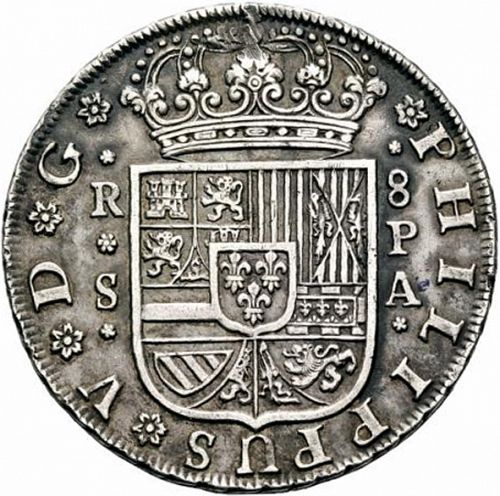 8 Reales Obverse Image minted in SPAIN in 1734PA (1700-46  -  FELIPE V)  - The Coin Database