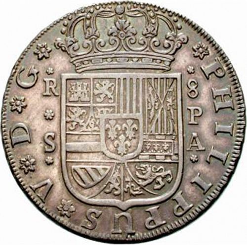 8 Reales Obverse Image minted in SPAIN in 1735PA (1700-46  -  FELIPE V)  - The Coin Database