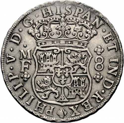 8 Reales Obverse Image minted in SPAIN in 1744MF (1700-46  -  FELIPE V)  - The Coin Database