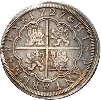 8 Reales Reverse Image minted in SPAIN in 1727F (1700-46  -  FELIPE V)  - The Coin Database