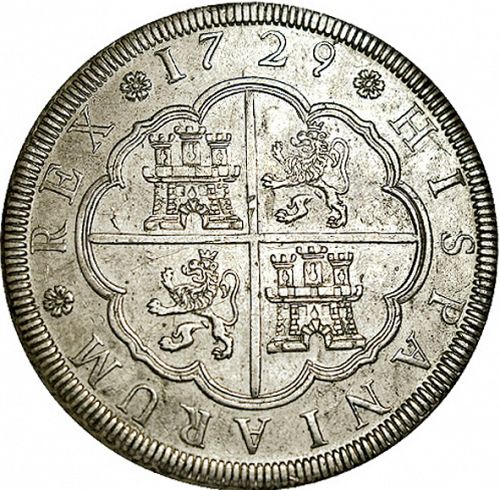 8 Reales Reverse Image minted in SPAIN in 1729F (1700-46  -  FELIPE V)  - The Coin Database