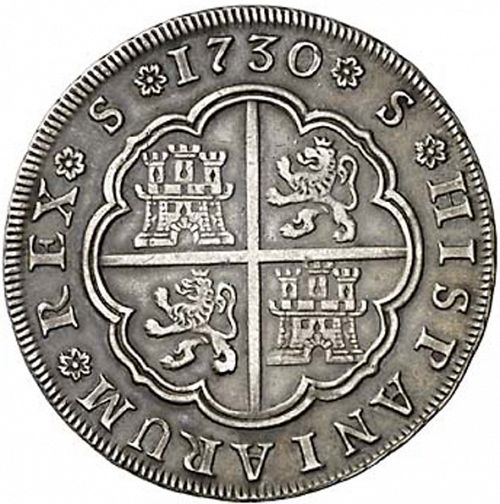 8 Reales Reverse Image minted in SPAIN in 1730 (1700-46  -  FELIPE V)  - The Coin Database