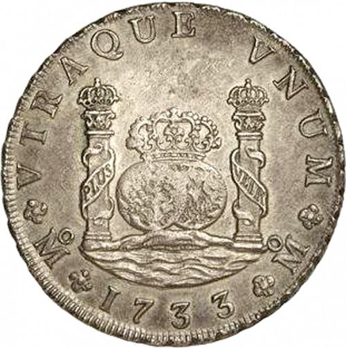 8 Reales Reverse Image minted in SPAIN in 1733F (1700-46  -  FELIPE V)  - The Coin Database