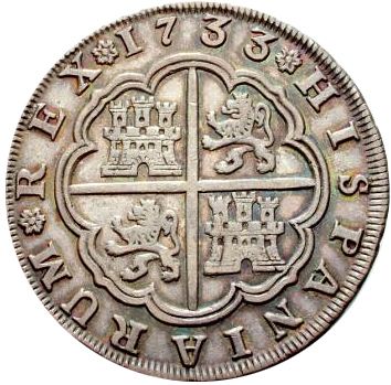 8 Reales Reverse Image minted in SPAIN in 1733PA (1700-46  -  FELIPE V)  - The Coin Database