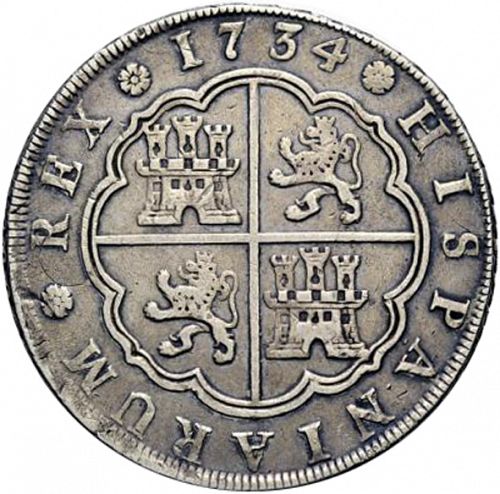 8 Reales Reverse Image minted in SPAIN in 1734JF (1700-46  -  FELIPE V)  - The Coin Database