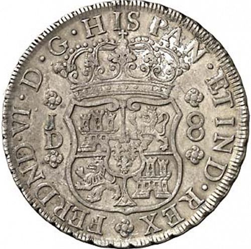 8 Reales Obverse Image minted in SPAIN in 1754JD (1746-59  -  FERNANDO VI)  - The Coin Database