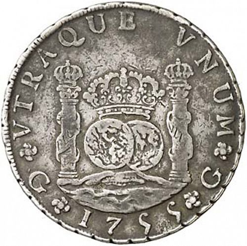 8 Reales Reverse Image minted in SPAIN in 1755J (1746-59  -  FERNANDO VI)  - The Coin Database