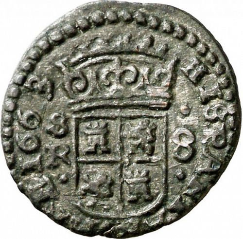8 Maravedies Reverse Image minted in SPAIN in 1663R (1621-65  -  FELIPE IV)  - The Coin Database