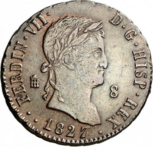 8 Maravedies Obverse Image minted in SPAIN in 1827 (1808-33  -  FERNANDO VII)  - The Coin Database