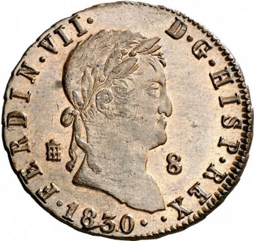 8 Maravedies Obverse Image minted in SPAIN in 1830 (1808-33  -  FERNANDO VII)  - The Coin Database