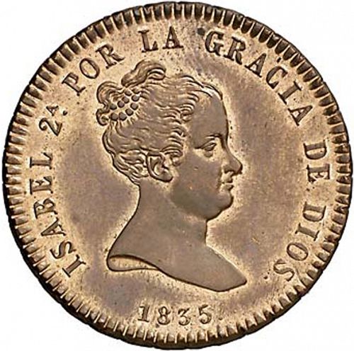8 Maravedies Obverse Image minted in SPAIN in 1835DG (1833-48  -  ISABEL II)  - The Coin Database