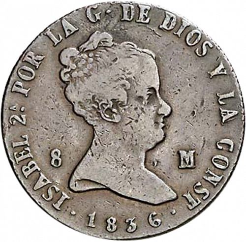 8 Maravedies Obverse Image minted in SPAIN in 1836 (1833-48  -  ISABEL II)  - The Coin Database