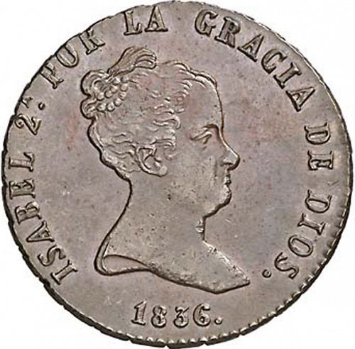 8 Maravedies Obverse Image minted in SPAIN in 1836 (1833-48  -  ISABEL II)  - The Coin Database