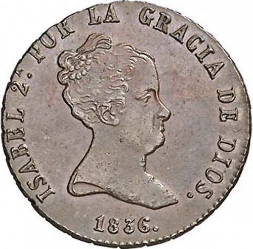 8 Maravedies Obverse Image minted in SPAIN in 1836 (1833-48  -  ISABEL II)  - The Coin Database
