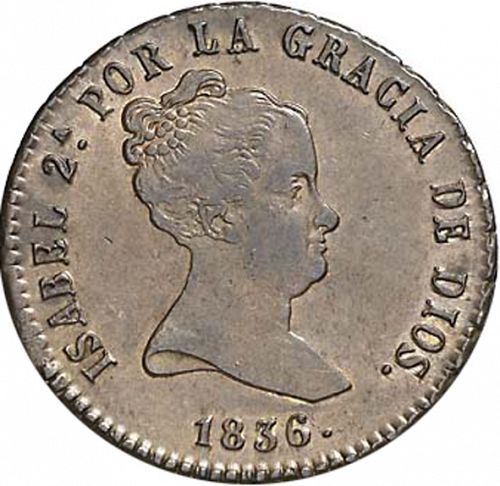 8 Maravedies Obverse Image minted in SPAIN in 1836 (1833-48  -  ISABEL II)  - The Coin Database