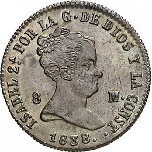8 Maravedies Obverse Image minted in SPAIN in 1838 (1833-48  -  ISABEL II)  - The Coin Database