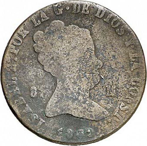 8 Maravedies Obverse Image minted in SPAIN in 1839 (1833-48  -  ISABEL II)  - The Coin Database
