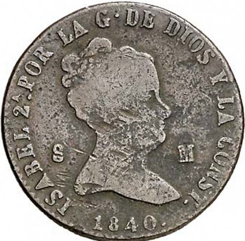 8 Maravedies Obverse Image minted in SPAIN in 1840 (1833-48  -  ISABEL II)  - The Coin Database