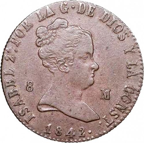 8 Maravedies Obverse Image minted in SPAIN in 1842 (1833-48  -  ISABEL II)  - The Coin Database