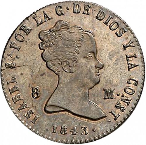 8 Maravedies Obverse Image minted in SPAIN in 1843 (1833-48  -  ISABEL II)  - The Coin Database