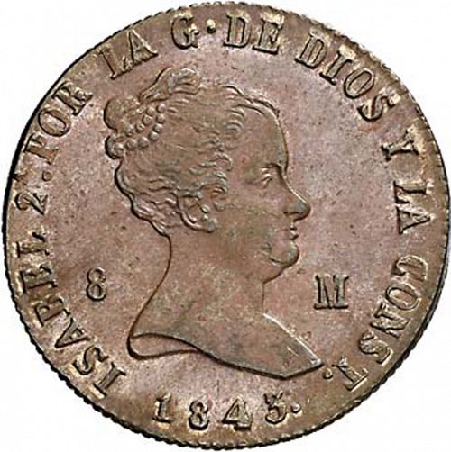 8 Maravedies Obverse Image minted in SPAIN in 1845 (1833-48  -  ISABEL II)  - The Coin Database