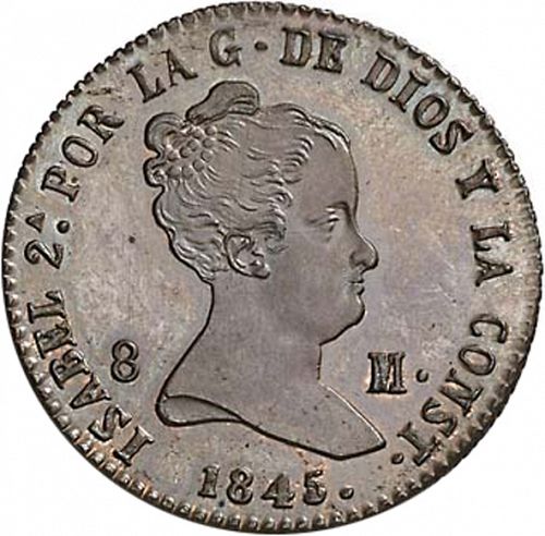 8 Maravedies Obverse Image minted in SPAIN in 1845 (1833-48  -  ISABEL II)  - The Coin Database