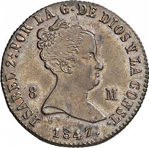 8 Maravedies Obverse Image minted in SPAIN in 1847 (1833-48  -  ISABEL II)  - The Coin Database