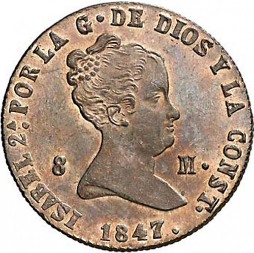 8 Maravedies Obverse Image minted in SPAIN in 1847 (1833-48  -  ISABEL II)  - The Coin Database