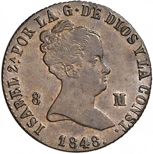 8 Maravedies Obverse Image minted in SPAIN in 1848 (1833-48  -  ISABEL II)  - The Coin Database