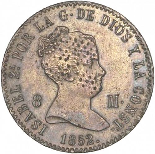 8 Maravedies Obverse Image minted in SPAIN in 1852 (1833-48  -  ISABEL II)  - The Coin Database