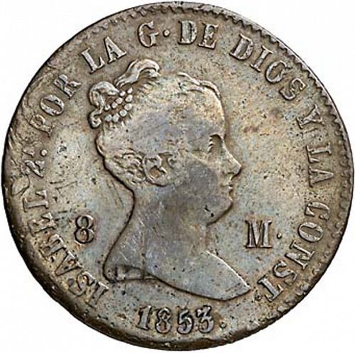 8 Maravedies Obverse Image minted in SPAIN in 1853 (1833-48  -  ISABEL II)  - The Coin Database