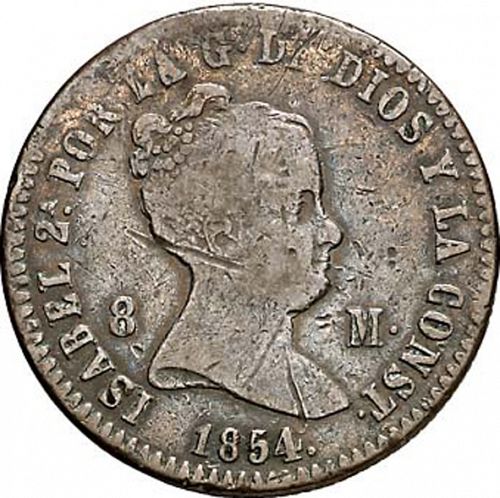 8 Maravedies Obverse Image minted in SPAIN in 1854 (1833-48  -  ISABEL II)  - The Coin Database
